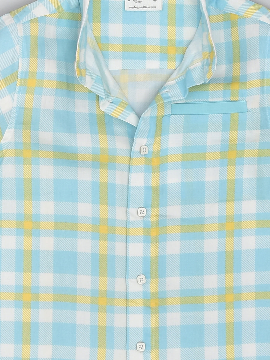 Cotton Half Sleeve Casual Shirt in Blue and Yellow Checks for Boys